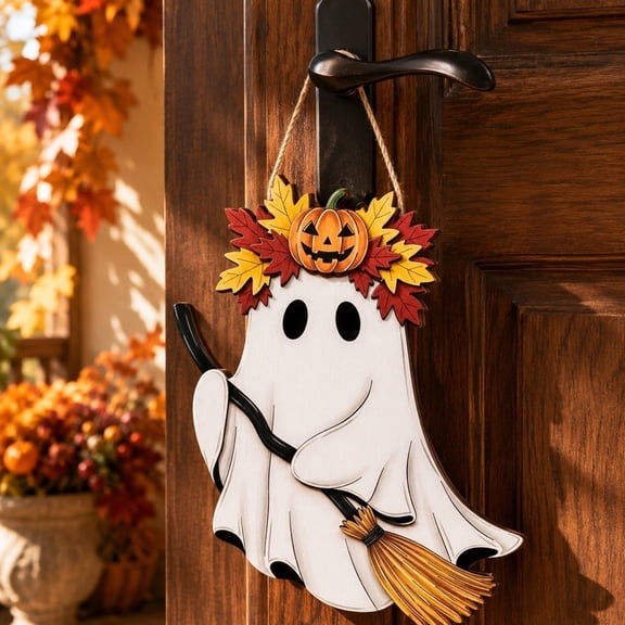 Ghost Door Hanger, Pumpkin Autumn Wall Sign Clear HD Harvest Printing Fade Resistant Rope, Cozy Welcome Hanging Plaque for Porch Entryway Mantel Classroom Theme Parties