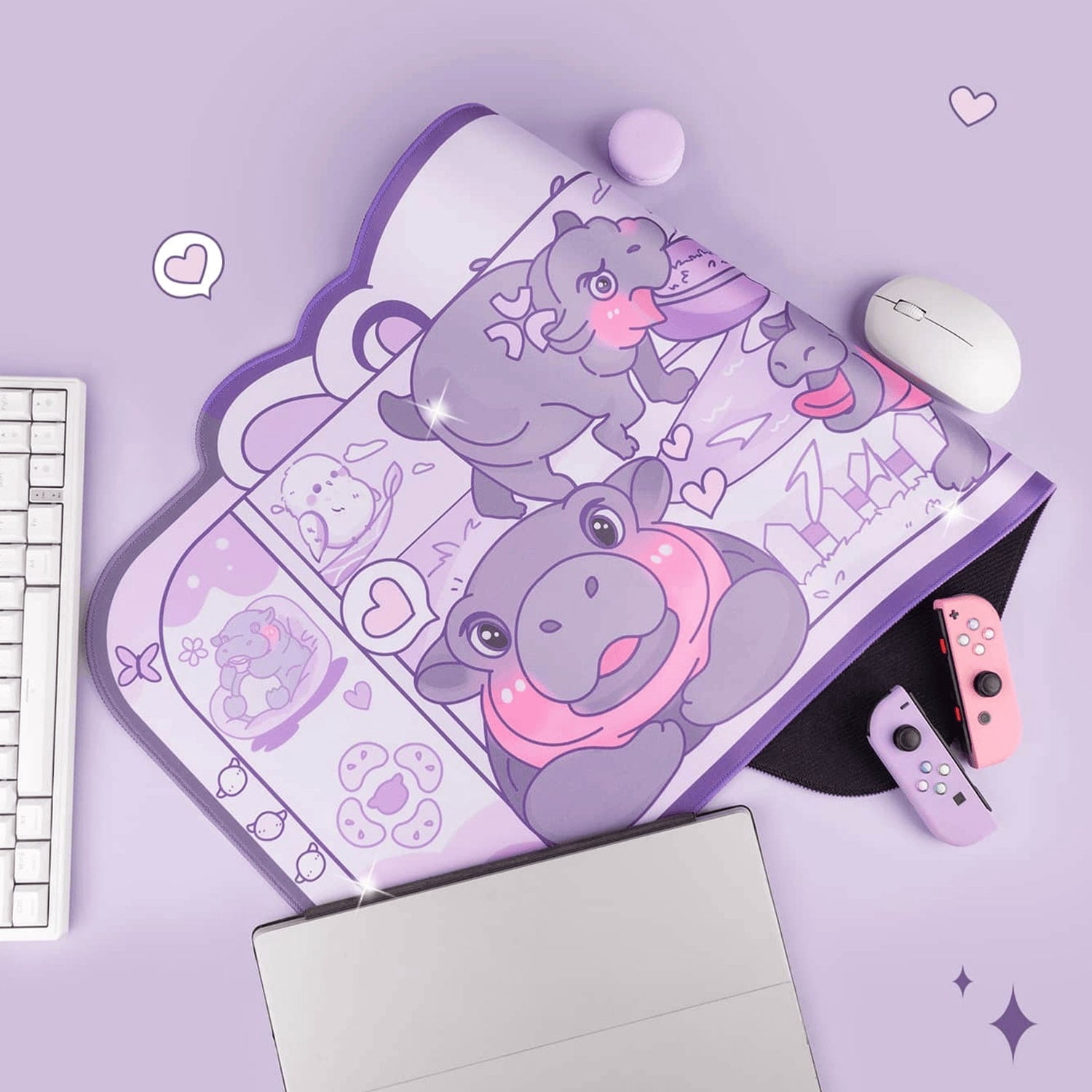 Moo Deng Baby Hippo Desk Mat | Kawaii Cute Pastel Large Gaming Mouse Pad
