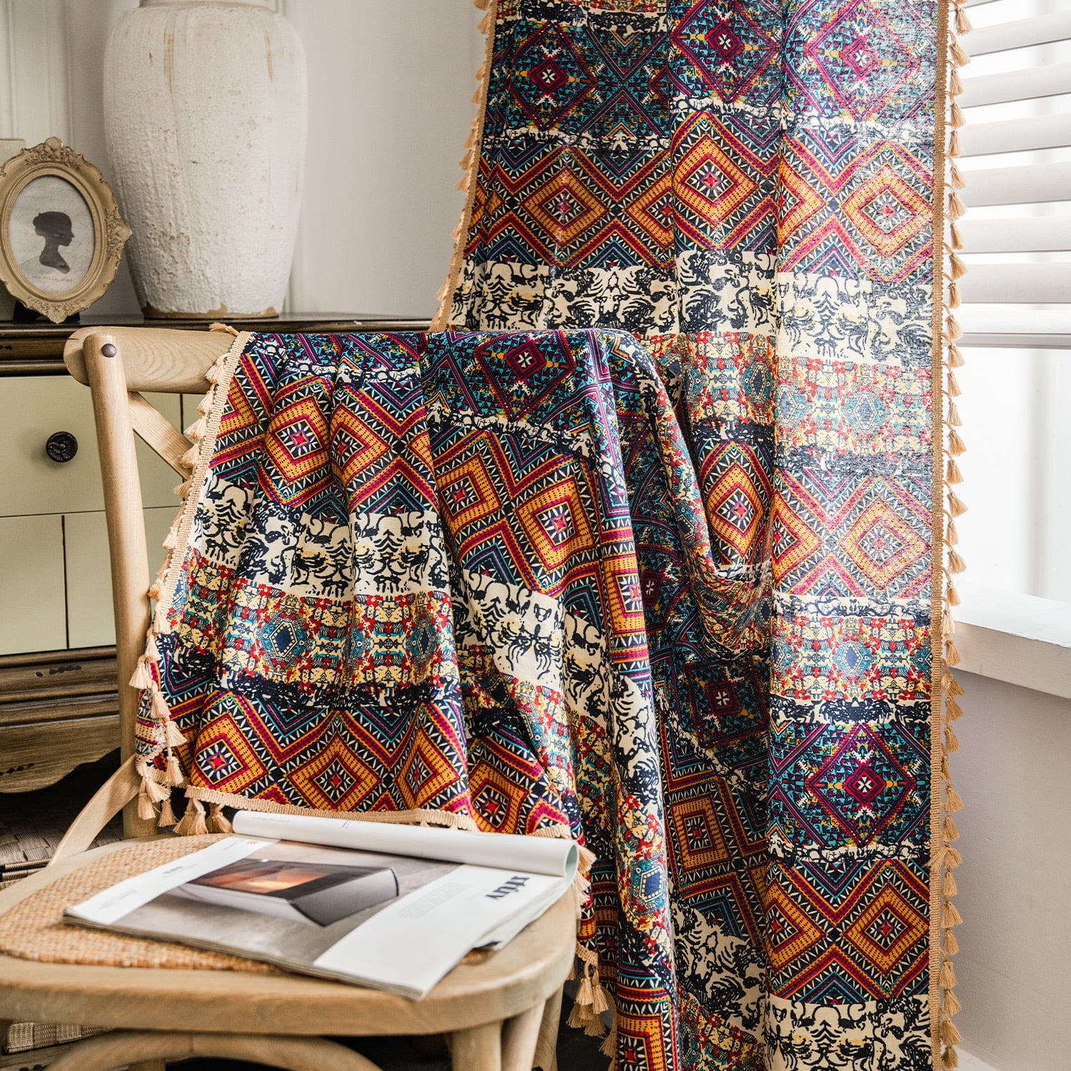 VOGOL Geo Pattern Boho Curtains, Light Filtering Faux Linen Drapes 59x63 Inches, 1 Panel for Living Room