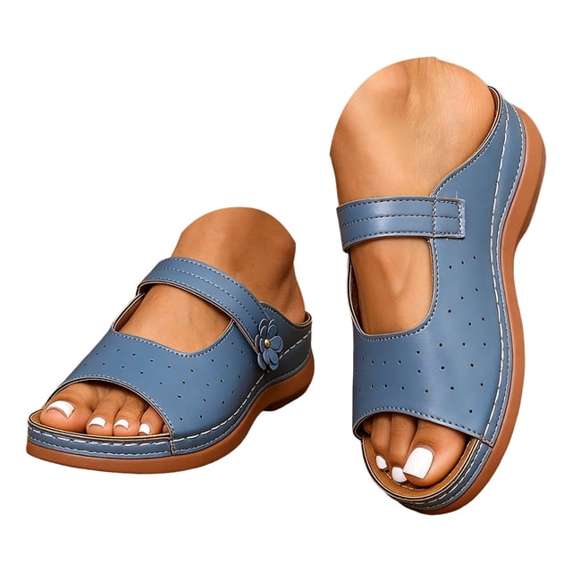 Slip On Wedge Sandals for Women Comfortable Open Toe Mules Adjustable Walking Platform Slides for Summer Travel Blue Size 8
