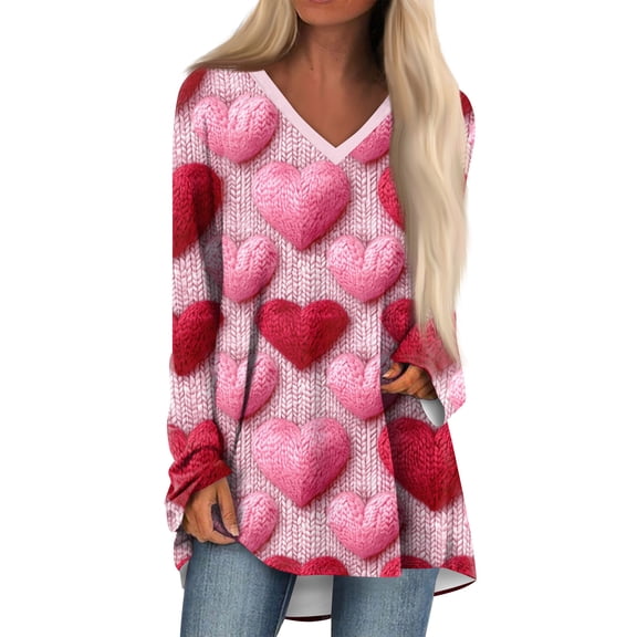 Dwralegc Womens Valentines Day Outfit Funny V Neck Plus Size Tops Spring Cute Tees Heart Graphic Long Sleeve Tshirts Pink 2XL