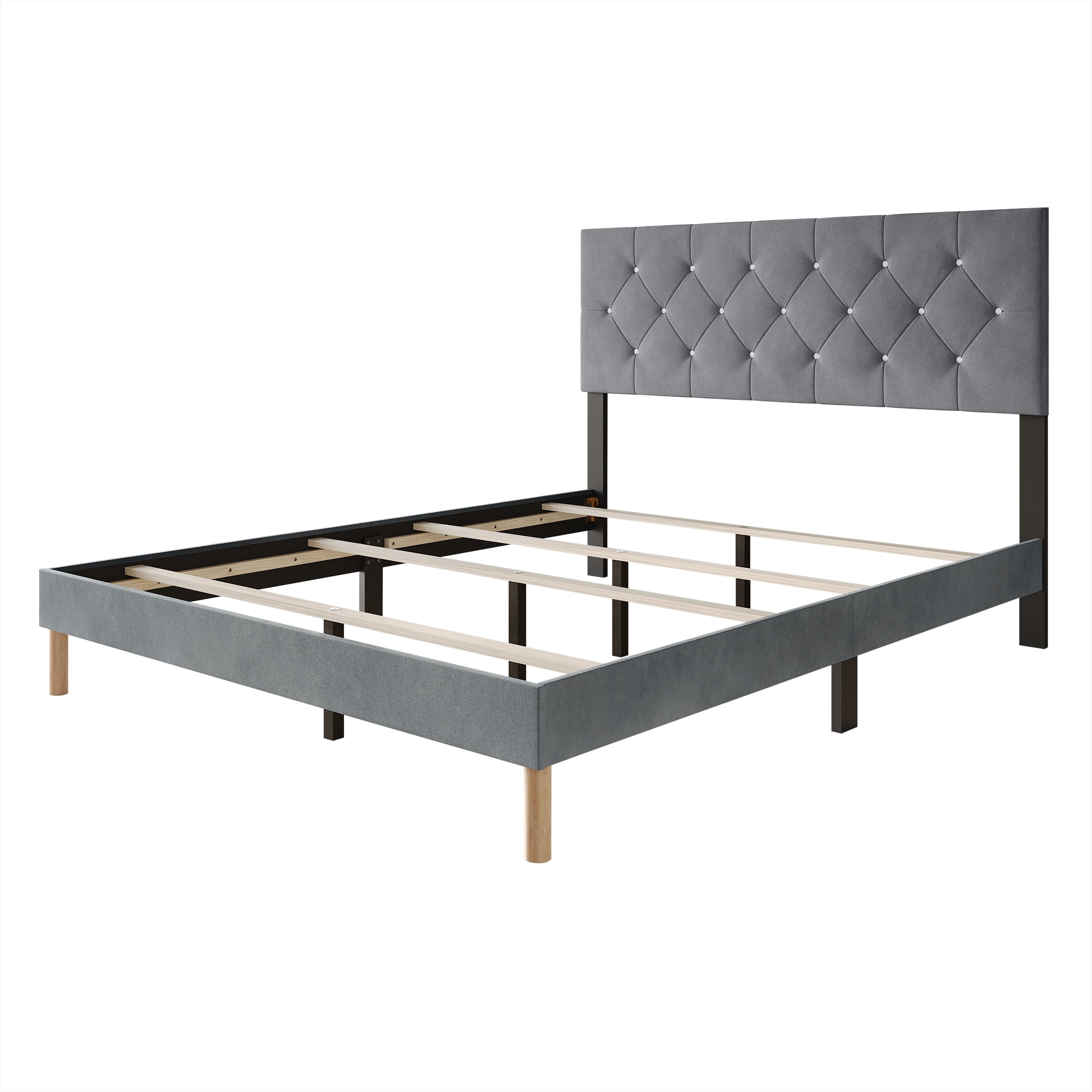 Castle Place Modern Diamond Tufted Velvet Upholstered King Bed, Light Grey