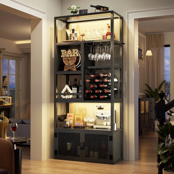 Homieasy 82.6" Tall Wine Bar Cabinet with LED Light and Outlets, 6-Tier Liquor Storage Cabinet with Glass Holder & Wine Rack, for Dining/Kitchen/Living Room, Black