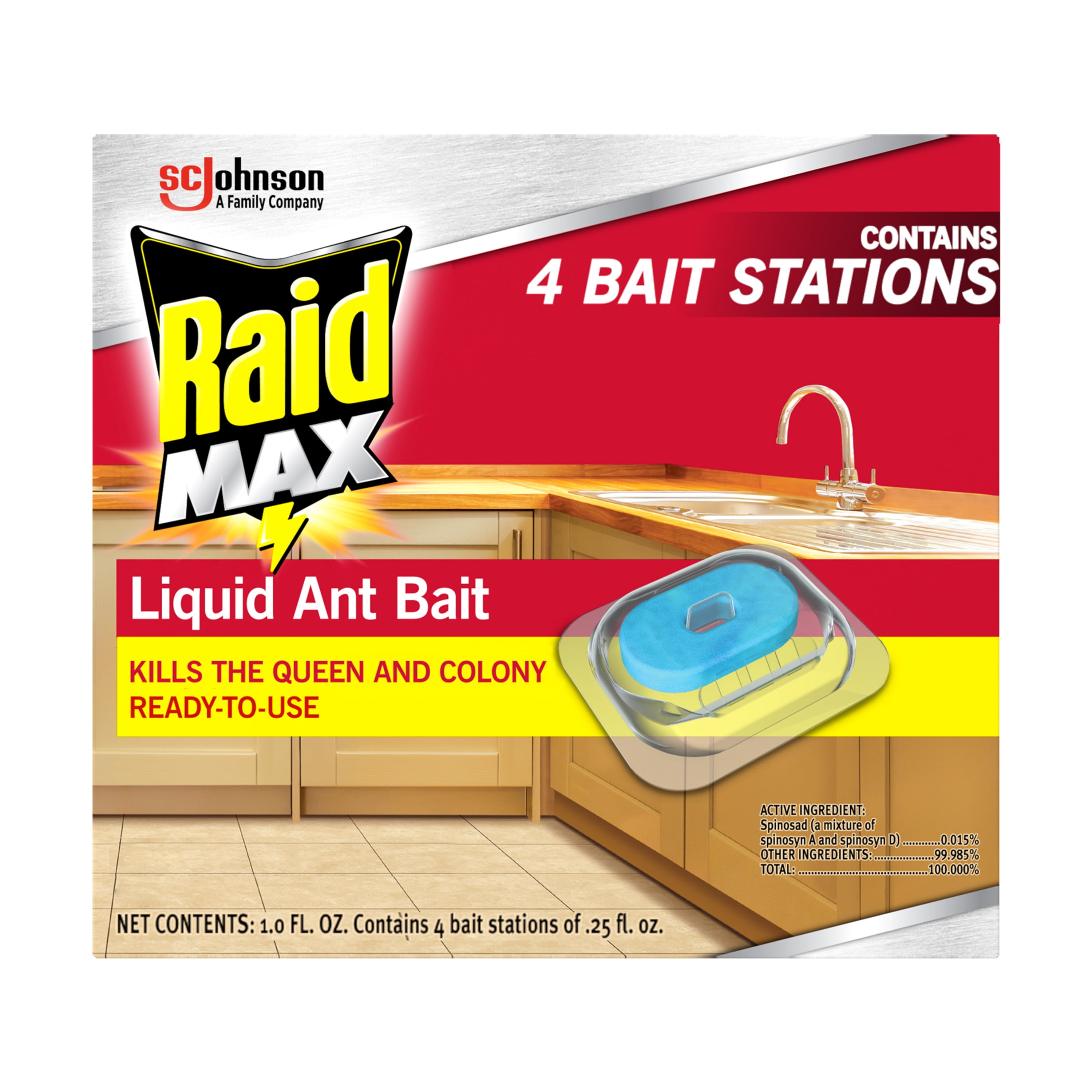 Raid Max Liquid Ant Bait; Kills Ants where they breed, contains 4 bait stations, 1Pc