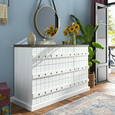 IKENO 6 Drawer White Dresser for Bedroom, Solid White Dressers & Chest of Drawers with Wide Storage Cabinet (Vinatge)