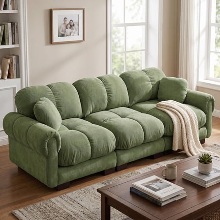 Homy Casa Chenille Cloud 4-Seater Sofa with Quilted Back Cushions, Soft Padded Armrests, Ergonomic Design, Green Upholstery