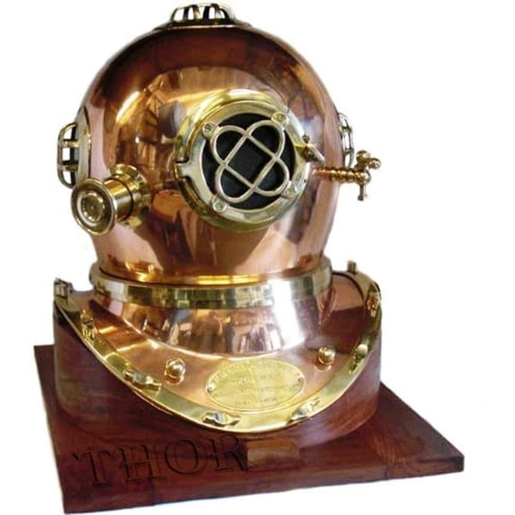 Copper & Brass Full-Size U.S. Navy Mark V Diving Helmet Replica 18" W/ Wood Base
