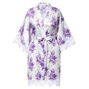 SIORO Women's Satin Robe Lace Silk Kimono Robes Short for Bridesmaid Wedding Party Nightgown Print 5 Medium