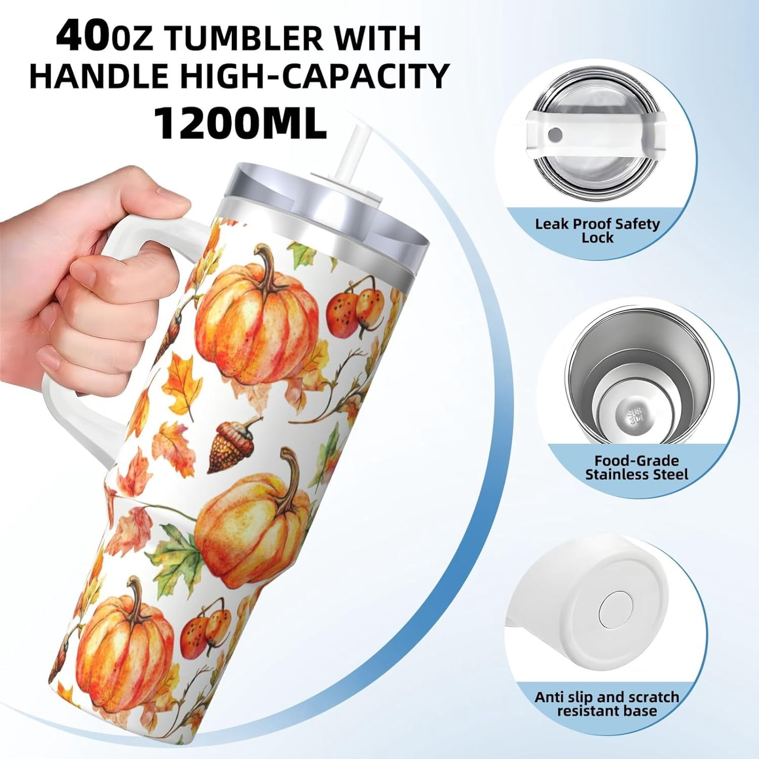 Fall Pumpkin 40 Oz (1200 ml) Insulated Coffee Tumbler with Handle and Straw Lid, Reusable Stainless Steel Travel Mug Cup for Women Men Party Birthday Gifts