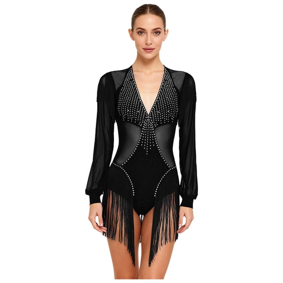 TiaoBug Women's Sparkly Rhinestones Latin Dance Dress Ballroom Modern Salsa Tango Tassel Skirt Fringe Leotard Black M