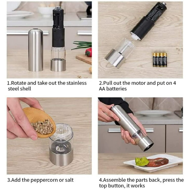 1 PC Kitchen Electric Pepper/Salt Grinder - Battery Powered Stainless Steel  Salt or Pepper Mill - Tall Power Shaker - Automatic Grinder with light -  Adjustable Ceramic Coarseness 