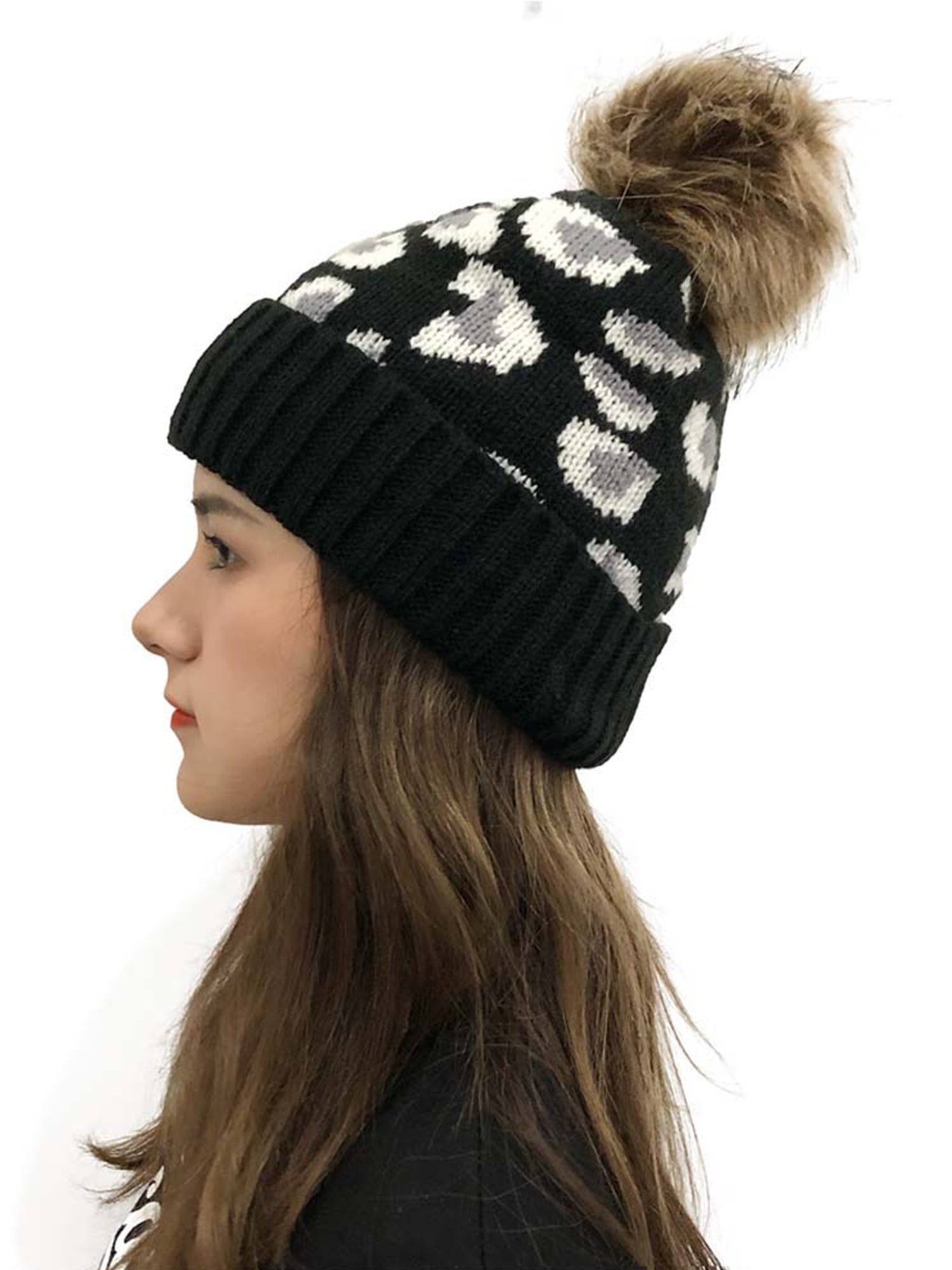 Fashion Leopard Print Winter Autumn Fur Pom Poms Ski Cap Women Hat Beanies Hat Knitted 