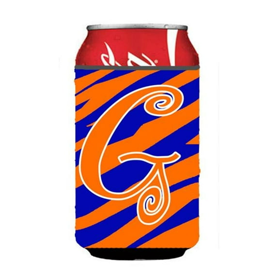 Letter G Initial Monogram - Tiger Stripe Blue And Orange Can Or Bottle  Hugger