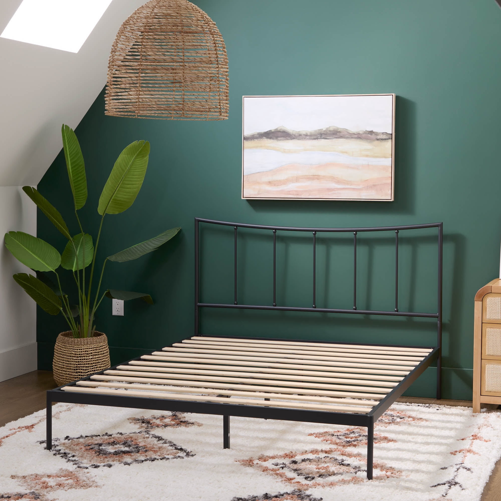 Rest Haven Alexandria Metal Platform Bed with Scooped Vertical Bar Headboard, King, Black