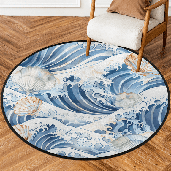 CURLYOOT Round Rug 3ft Starfish And Seashell Area Rug, Washable Circle Mat Non Slip Floor Carpet Mat, Nautical Ocean Beach Coral Coastal Soft Indoor Rugs for Entryway Living Room Dining Room Bedroom