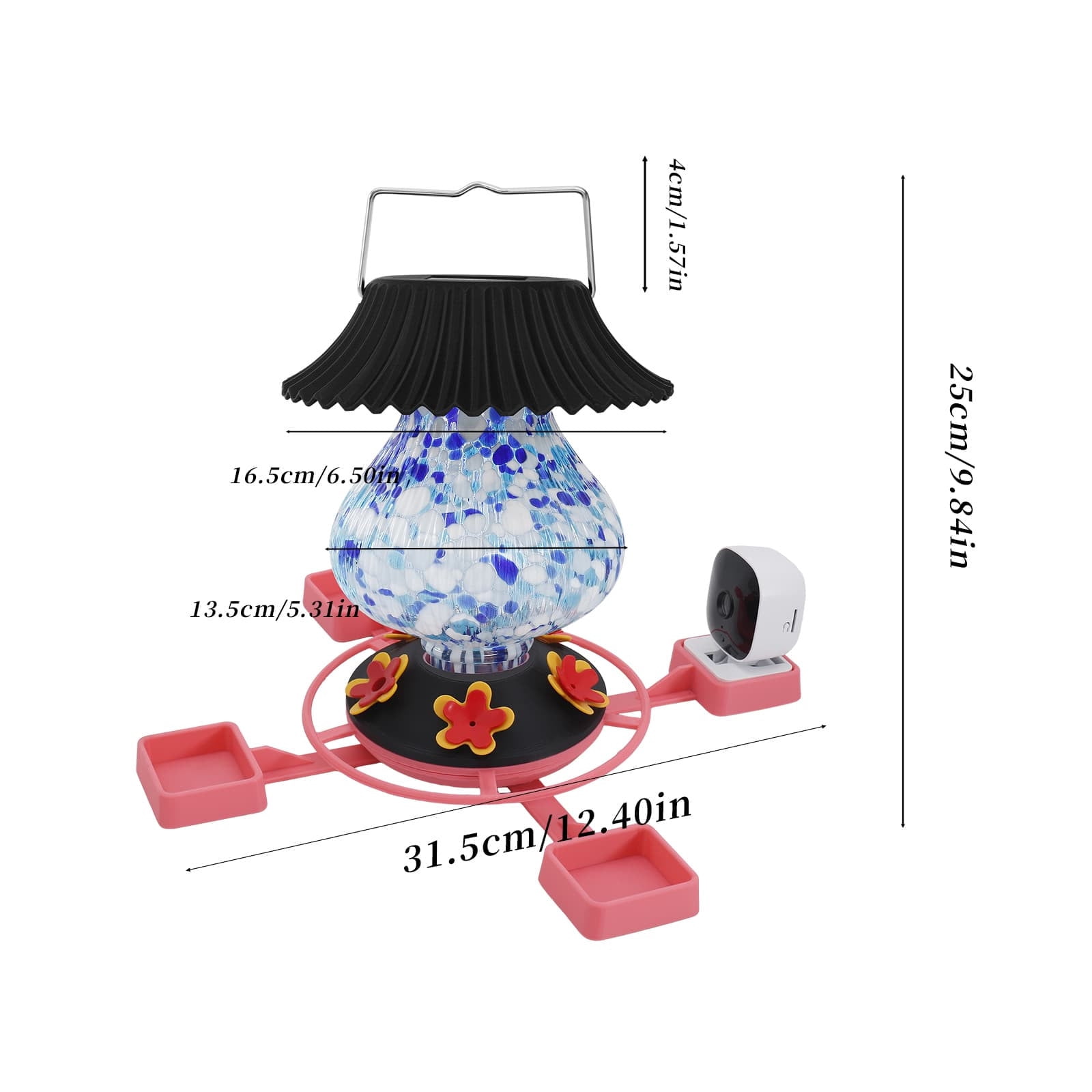 Diceymbol Smart Humming Bird Feeder With 1080P HD Camera Solar Powered Bird Feeder With LED Light 4 Feeding Ports Outdoor Garden Bird Watching Feeder For Patio Backyard