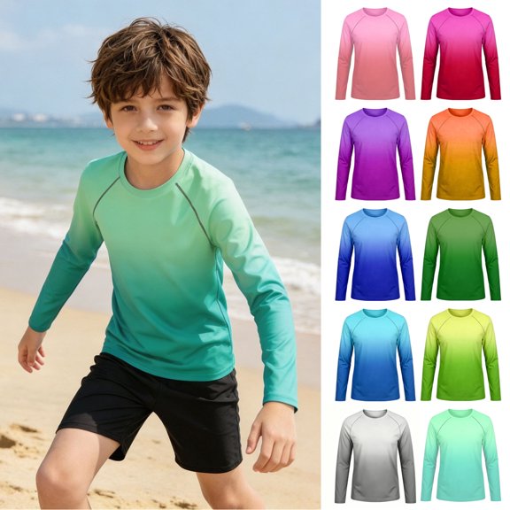 Bigetiay Boys Long Sleeve Rash Guard Swimwear UPF 50 Gradient Sun Shirt Kids Toddler, Size 9-10 Years