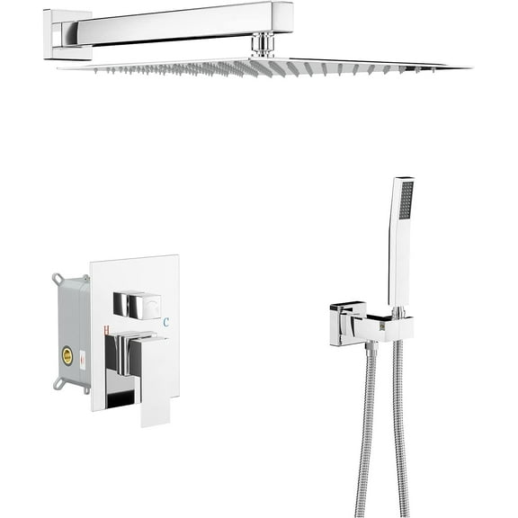Mocoloo 12 Inch Shower Head System - Wall Mounted Chrome Finish Stainless Steel Shower Head and Handheld with Brass Main Body Valve Included