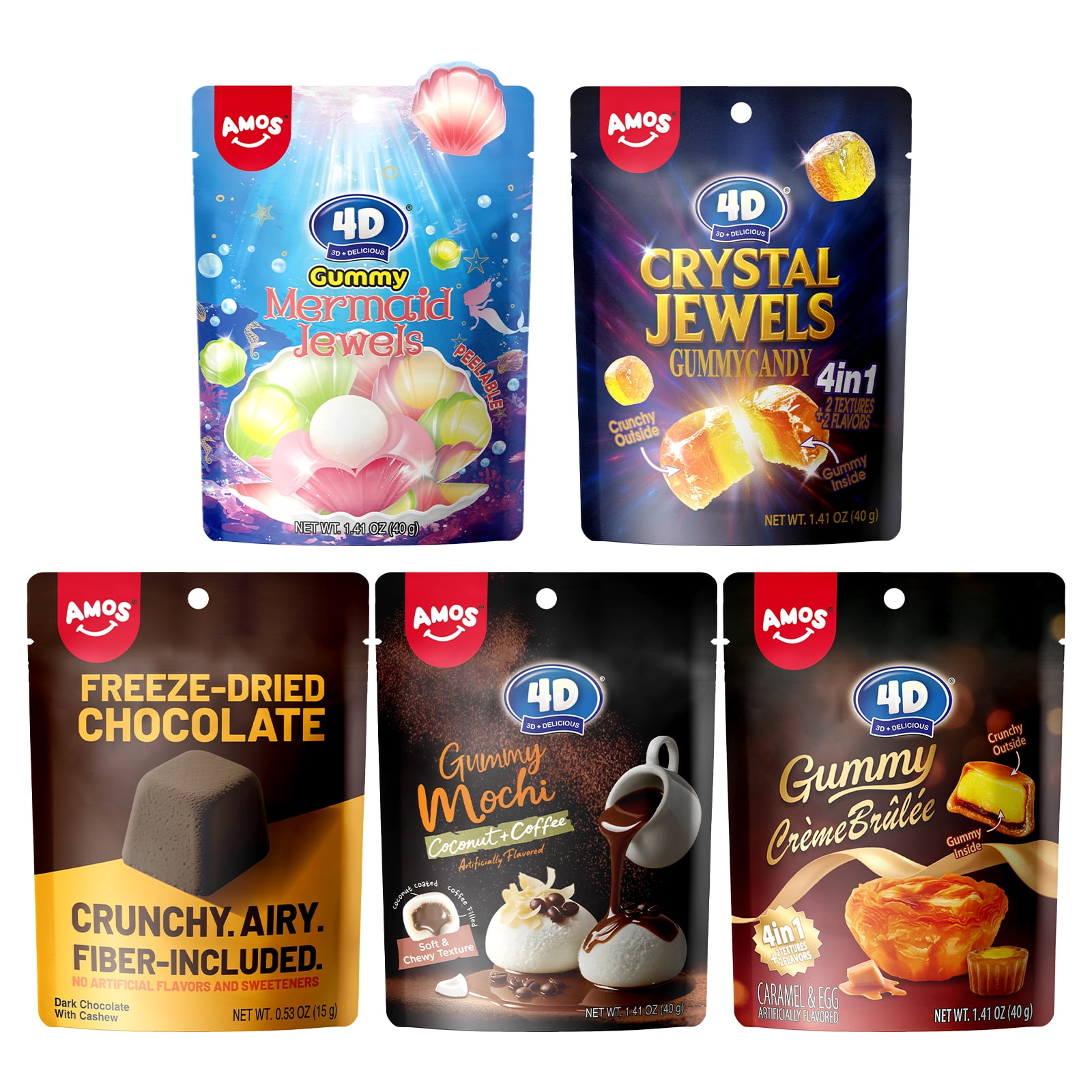 Amos 4D Gummy Candy Crystal Jewels Crunchy Outside & Gummy Inside 1.41 oz (4pack)