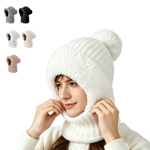 3-in-1 Winter Beanie Hat with Built-In Scarf and Hood, Plush-Lined Knit Windproof Head and Neck Cover for Outdoor Wear