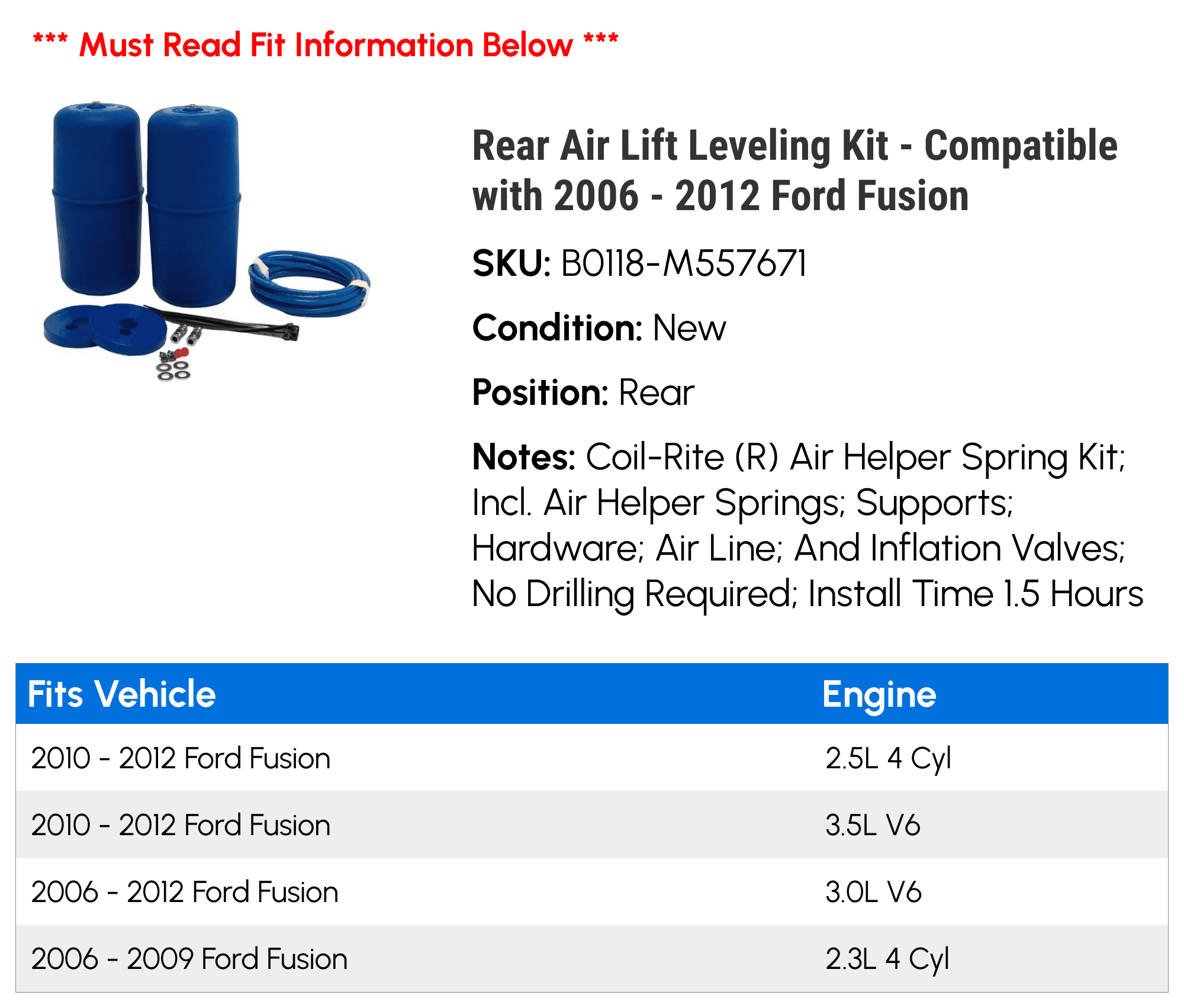 Rear Air Lift Leveling Kit - Compatible with 2006 - 2012 Ford Fusion 2007 2008 2009 2010 2011