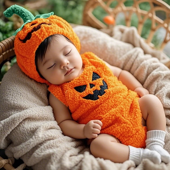 XXWXYD Baby Infant Pumpkin Outfit Fuzzy Plush Sleeveless Romper with Matching Pumpkin Hat Halloween Dress Up Photo Prop Clothes for Newborn Infant