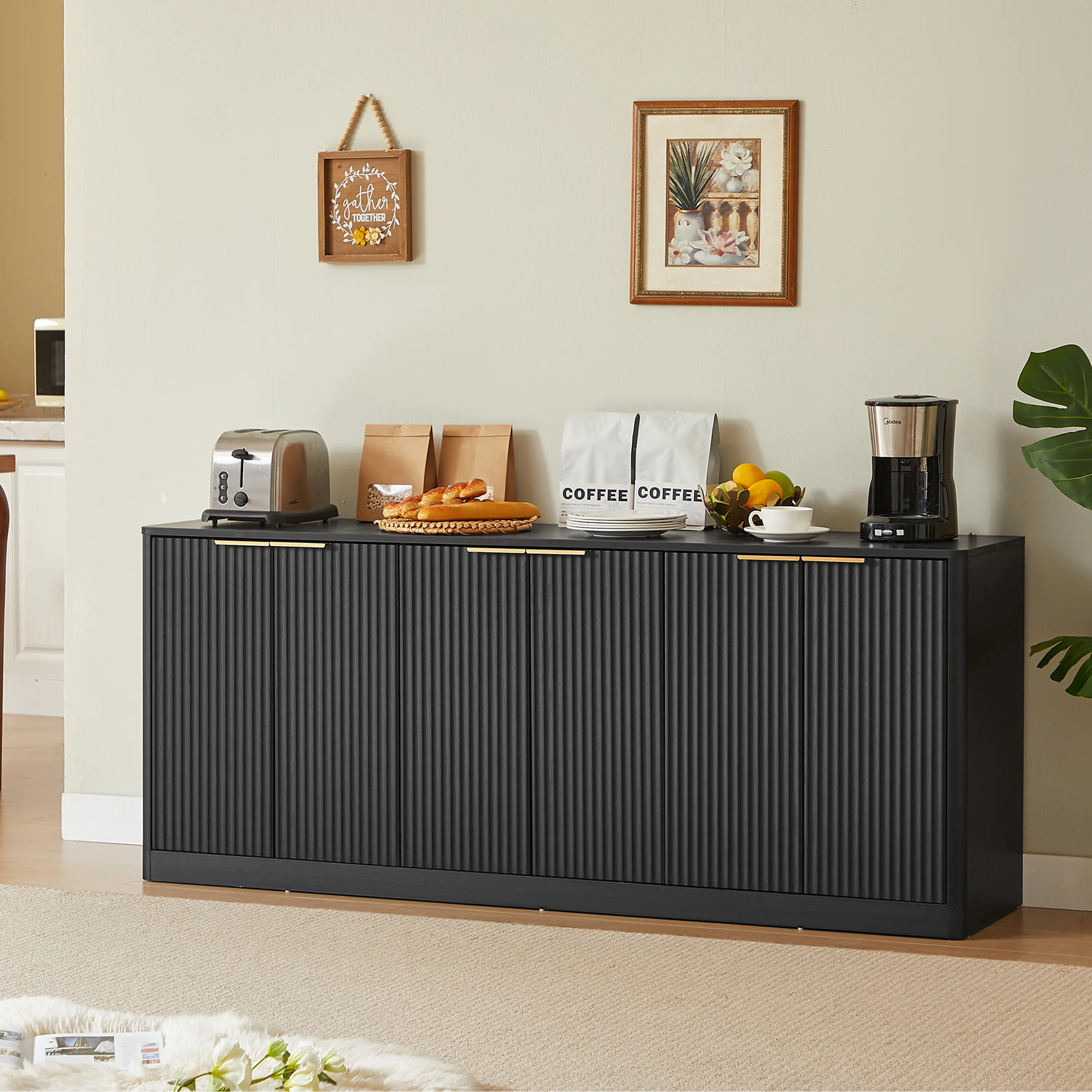 Aukfa 67" Modern Sideboard Cabinet, Wood Storage Credenza & TV Cabinet with 6 Fluted Doors for Living Room/Dining Room,Black