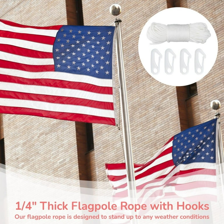 Flagpole Rope, 100ft Flag Pole Rope, 1/4 inch Thick Nylon Braided Rope with 4 Hooks, Outdoor Flagpole Accessories, Multipurpose Rope for Dog Walking