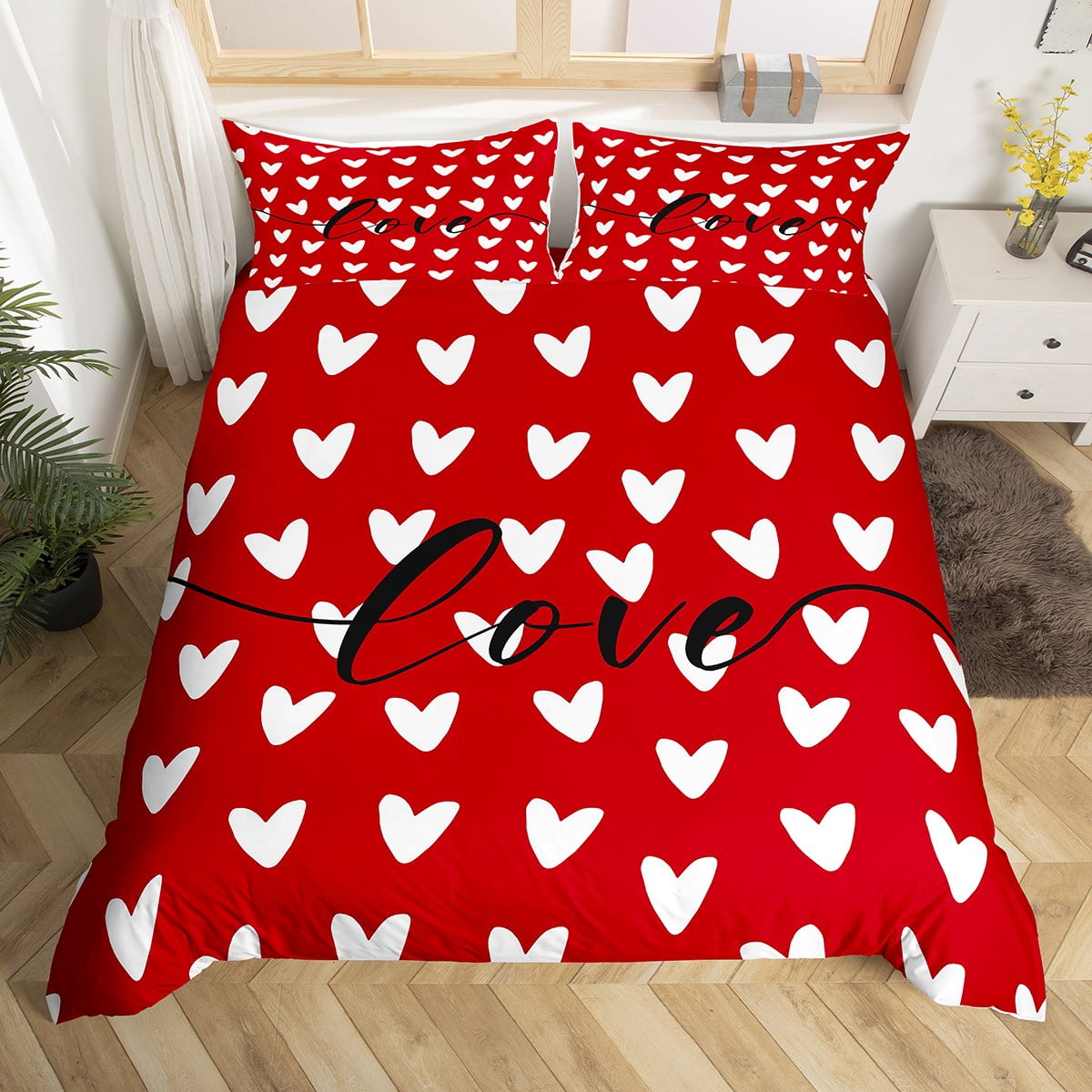 Love Heart Duvet Cover Full Size Girls Red And White Bed Sets Valentine'S Day Bedroom Decor