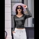 thumbnail image 5 of Camiseta Básica Ajustada de Punto Acanalado con Cuello en V y Larga para Mujer Gris Oscuro L, 5 of 7