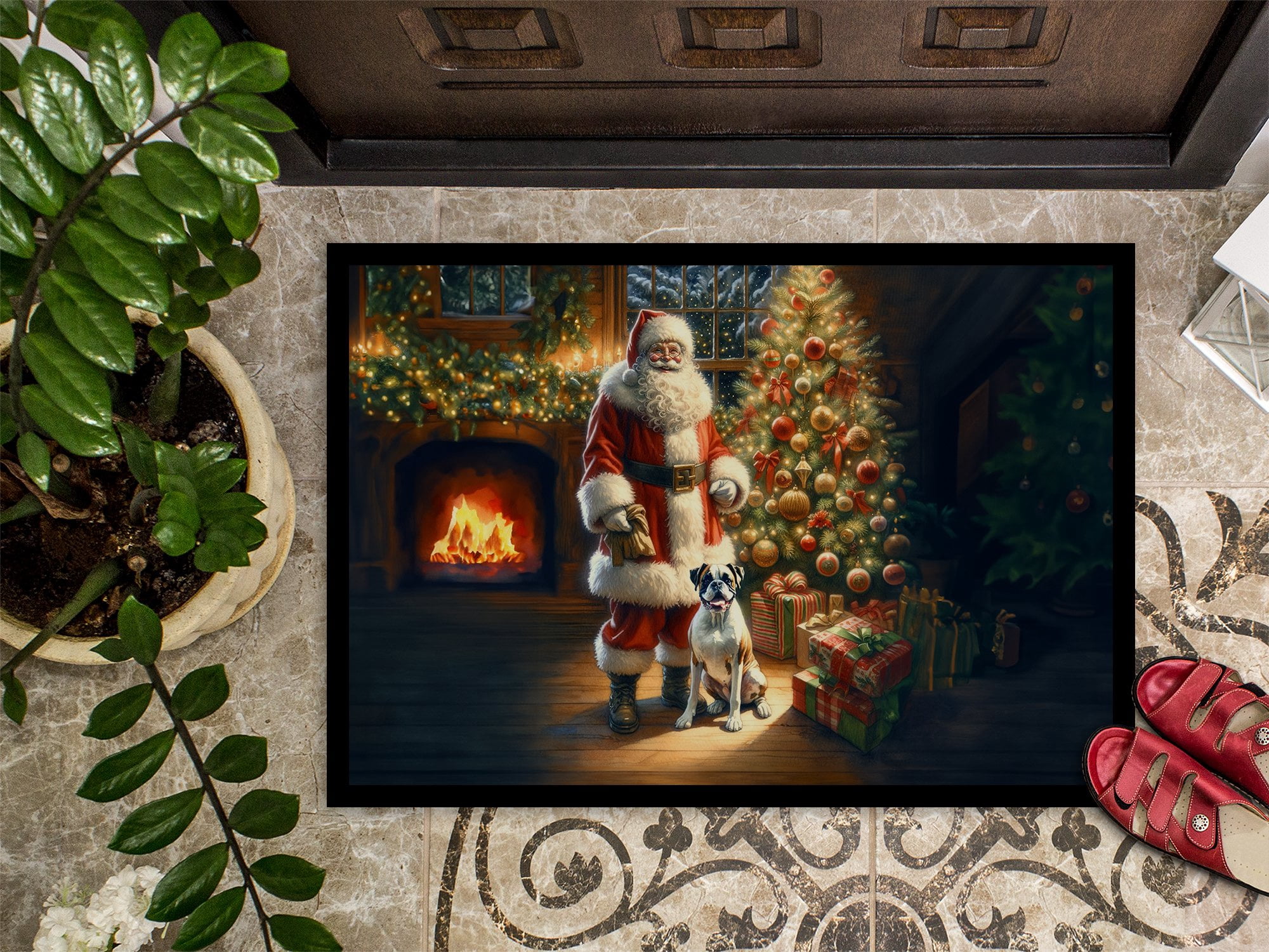 Boxer and Santa Claus Doormat 27 in x 18 in