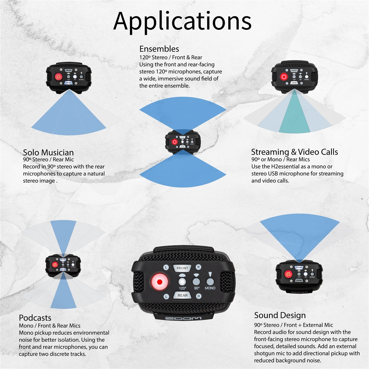 Zoom H2essential Multi-Mic Handy Recorder Bundle with 32GB microSDHC Card with Adapter, Vidpro Professional Lavalier Condenser Microphone, 4 AA Batteries & Charger, Table Tripod Hand Grip