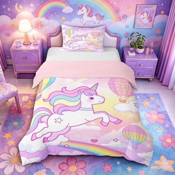 Metsweet Magical Horse Twin Duvet Cover, Cute Unicorn Rainbow Hot Air Balloon Twin Bedding,Pink Reversible,2pcs,1 Duvet Cover and 1 Pillowcase