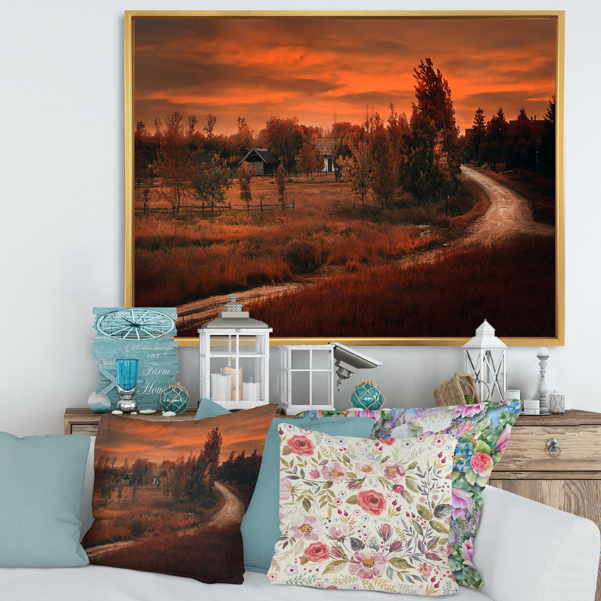 Designart 'The Road By The Farm In Dark Pink Sunset' Farmhouse Framed Canvas Wall Art Print