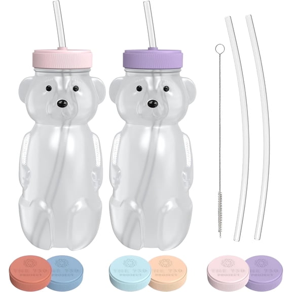 The 730 Project Honey Bear Straw Cup, Reusable Drinking Therapy Set, 8 oz, Pink/Purple, 2 Pack
