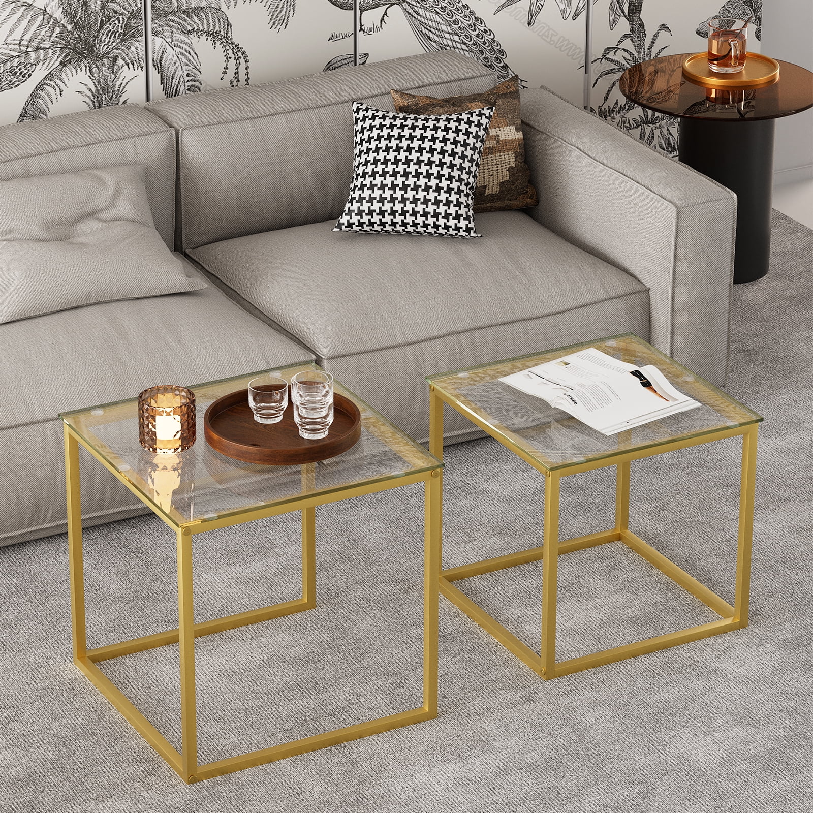 VILAWLENCE Coffee Table Set of 2, Modern Gold Glass Side Table