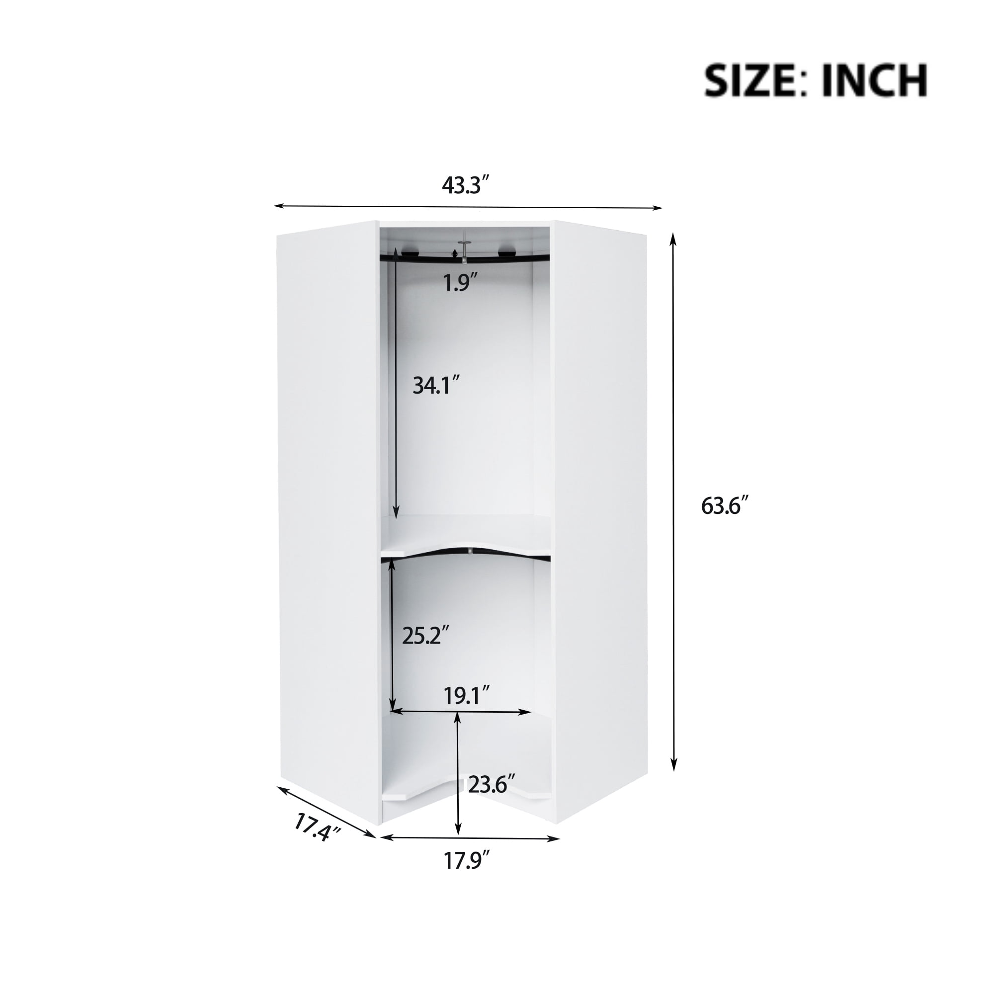 Euroco Modern Wood63.6" Armoires, Polygon Corner Wardrobe for Kids and Adults, White