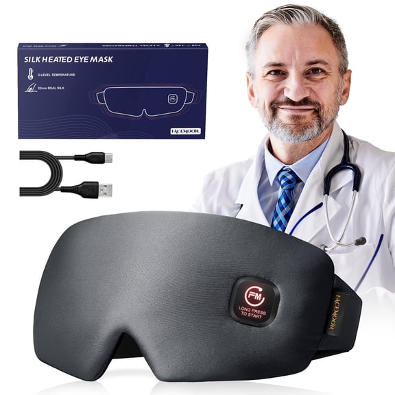 Heated Eye Mask for Dry Eyes, 100% Pure Silk Warm Compress Eye Mask, Rechargeable Heating Pad for Tired Eyes, Puffy Eyes, Eye Fatigue, 3 Heat Settings, Auto Shut-Off, Washable Cover
