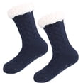 thumbnail image 2 of Women's Knit Slipper Socks, Plush Lined with Non-Slip Silicone Dots, Indoor Outdoor House Shoes, Cozy Winter Gift. Dark Blue 1 pair, 2 of 6