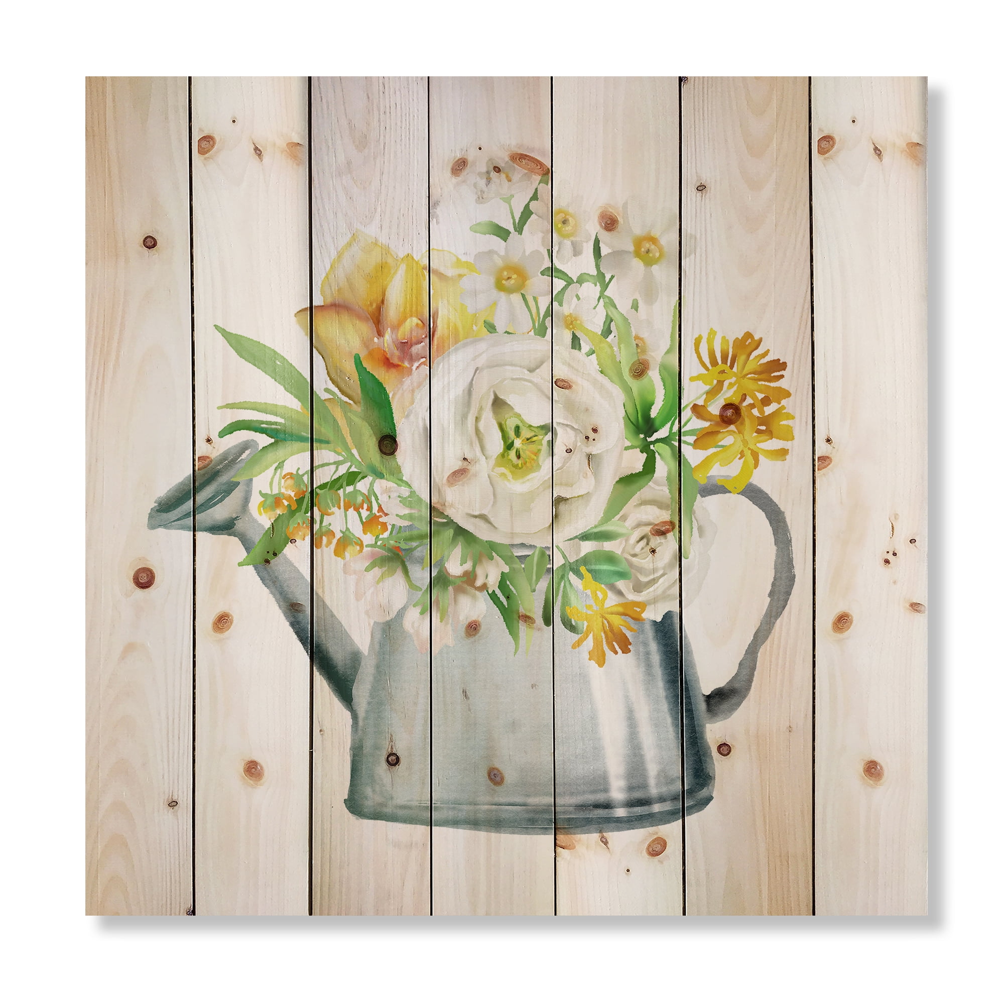 Designart 'Marigolds Roses and Peonies In Garden Watering Can' Farmhouse Print on Natural Pine Wood