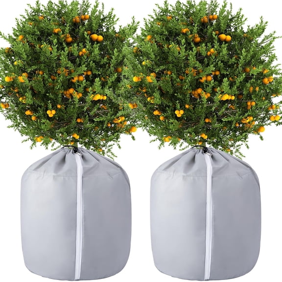 Ebaokuup 2 Pack Plant Winter Protection Pot-27.6" x 25.6" Flower Pot Protection Bag - Anti-Frost Winter Pot Plant Cover with Drawstring and Zipper for Winter Outdoor Fruit Trees Potted Plants Shrubs