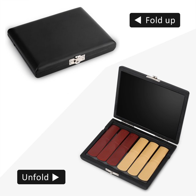 Saxophone Reeds Case, Wood PU Leather Holder Box with Soft Inner Pad Clarinet Reeds Storage Box for 6pcs Reeds