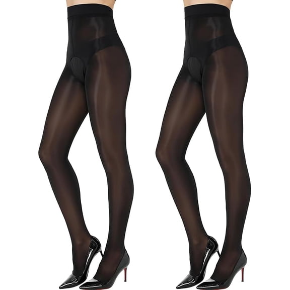 2-Pack Women's 15D Ultra Shiny Sheer Tights - Open Crotch Pantyhose with Control Top & Oil Gloss Finish