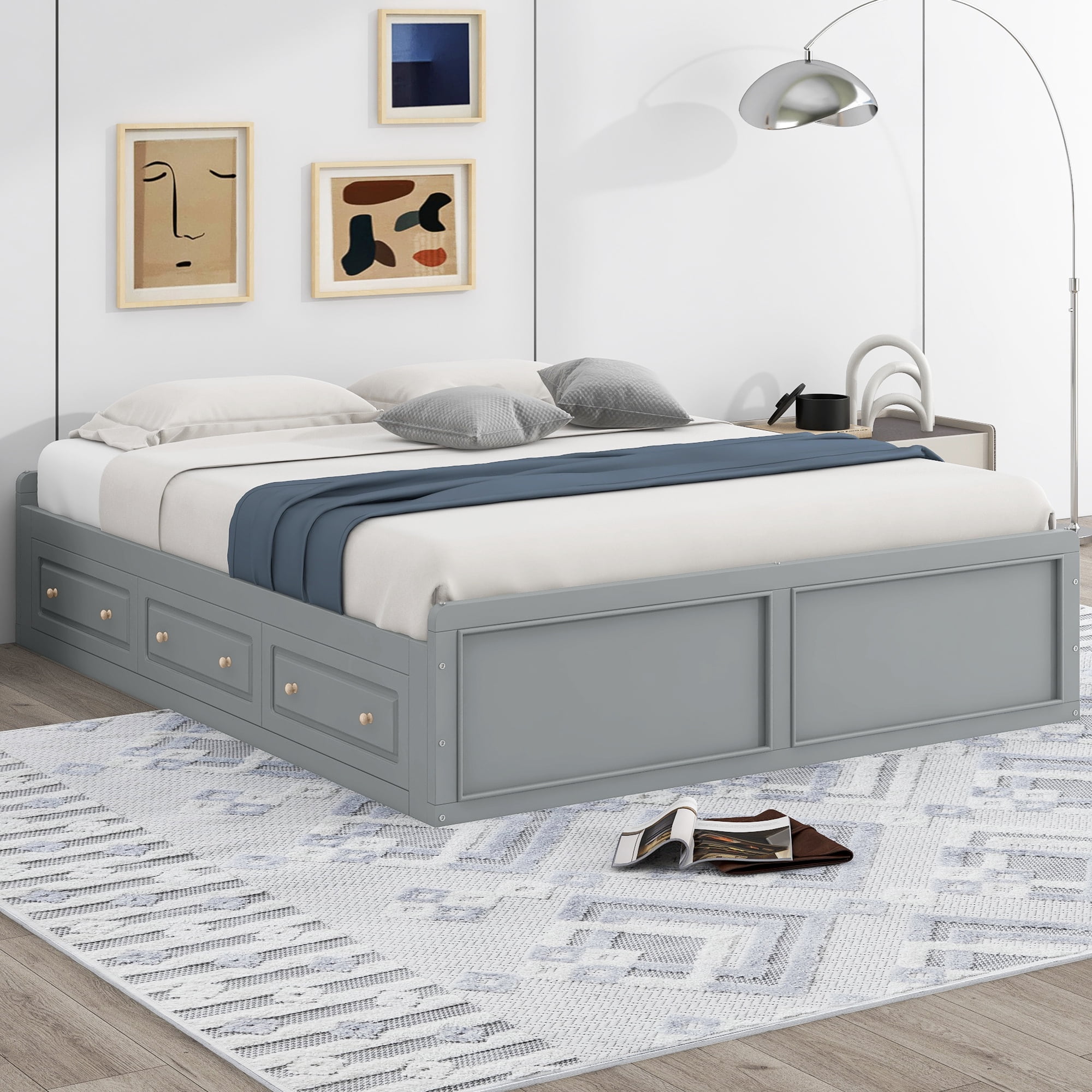 Euroco Wood Queen Size Platform Bed with 6 Drawers, Gray