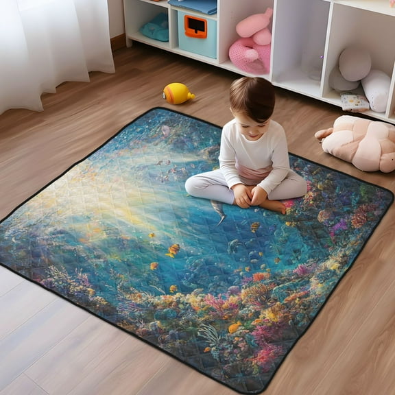 WOBOGO Underwater World Baby Playmats Extra Large Waterproof Rollable Activity Pads for Toddlers 50×50inch