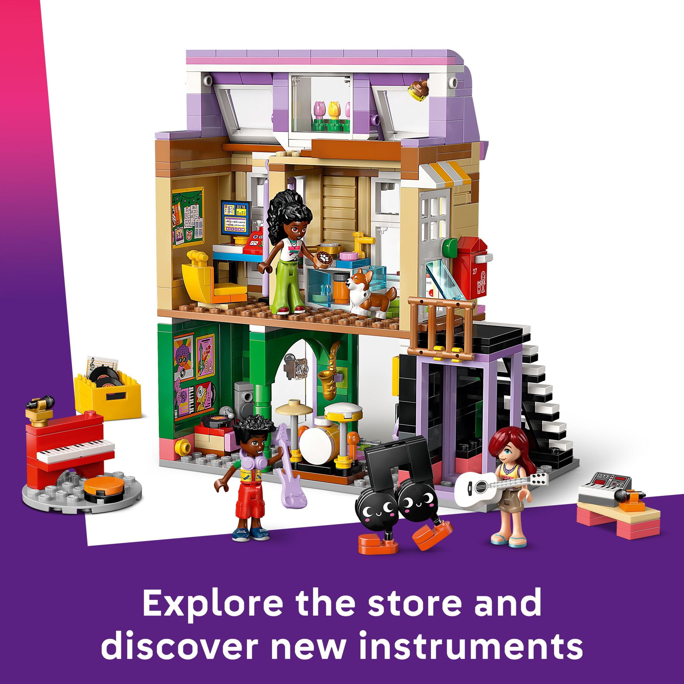 LEGO Friends Music Store & Apartment Building Set - Interactive Storytelling Playset for Girls & Boys, Ages 7+ - Includes Marimba the Corgi Toy - Gift Idea for Birthdays and Music Lovers - 42653