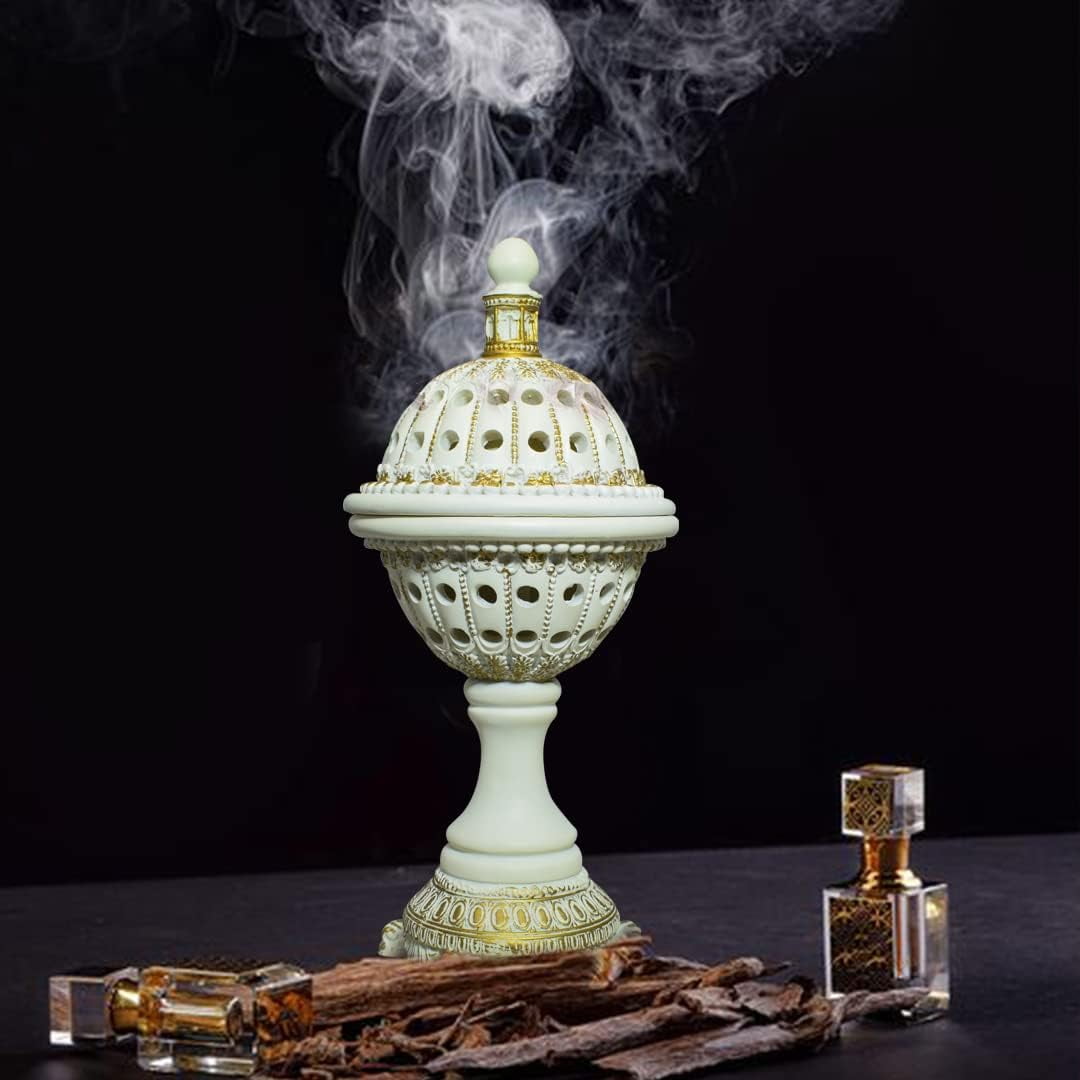 AM Incense Burner Resin Luxury White Globe Charcoal Bakhoor Burners for Your Favorite Arabian Oud Jasmin or Any Other Incense in Powder or Tablet Form for Office & Home Decor