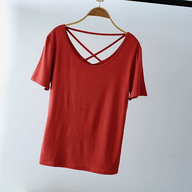 Womens Solid Round Neck Short Sleeved Strap Backless Top Short Sleeved Round Neck Top/shirt