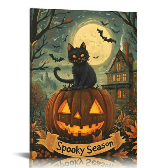 Vintage Halloween Black Cat and Pumpkin Canvas Wall Art Painting,Gothic Print Pictures for Home Wall Decor Horror Creepy Dark Posters for Living Room Home Halloween Party Decor Framed