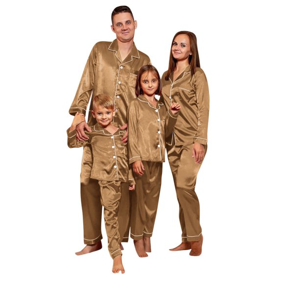 Zwiiyzr Family Satin Christmas Pajamas Sets Solid Silk Button Down Shirt and Pants Matching Sets Soft Sleepwear for Mens Womens 2025 for Dad Khaki